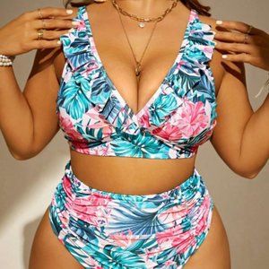 NWOT SHEIN Swim Vcay Plus Tropical Print Ruffle Trim Bikini Swimsuit